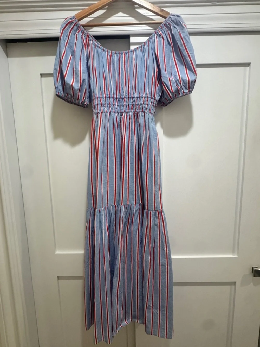 Blue and Red Striped Puff-Sleeve Midi Dress - Picture 4 of 4
